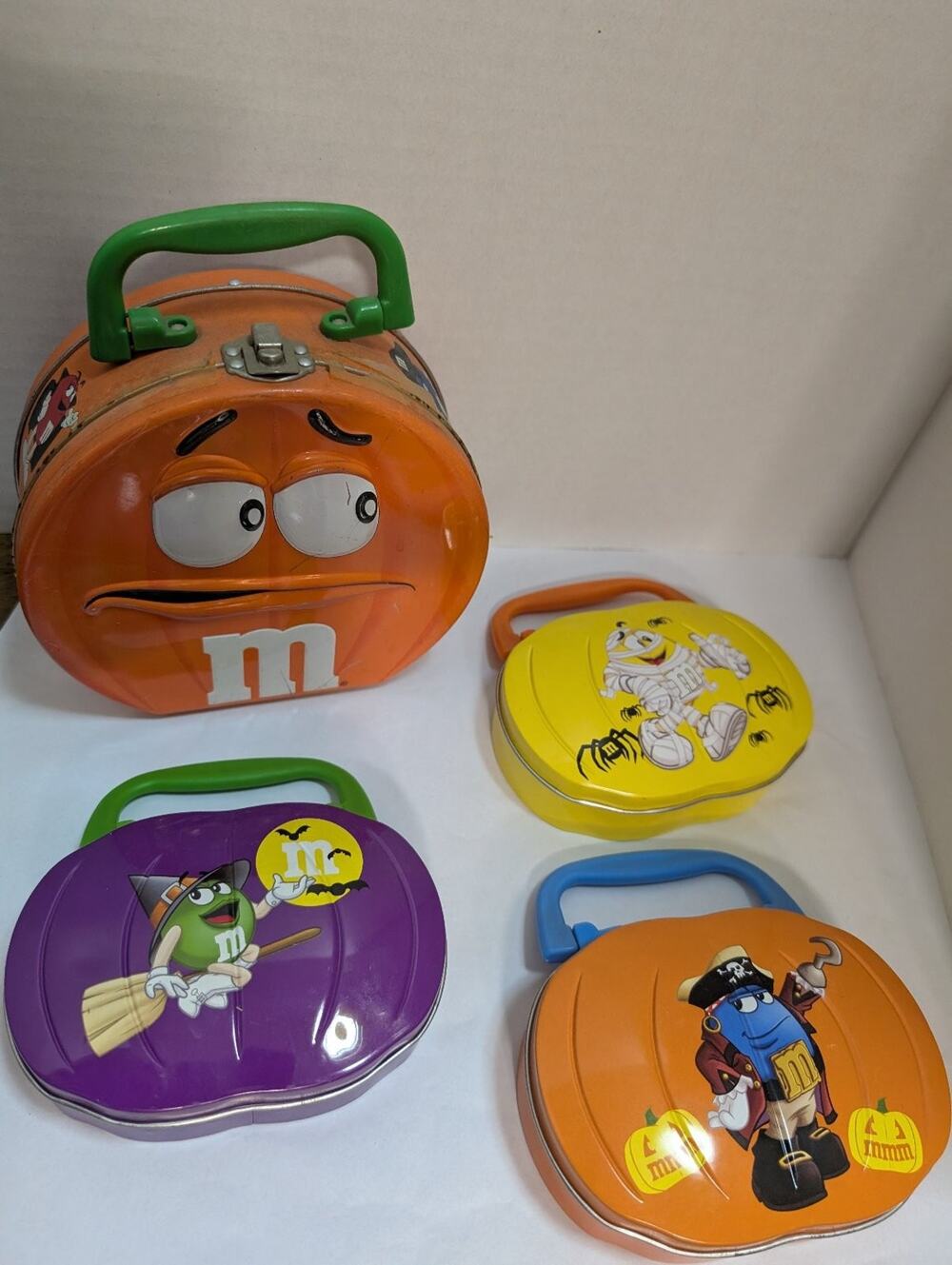 M&M's VTG Halloween Pumpkin Metal Lunchbox Tin Set of 4 2002 Mars Collectible
